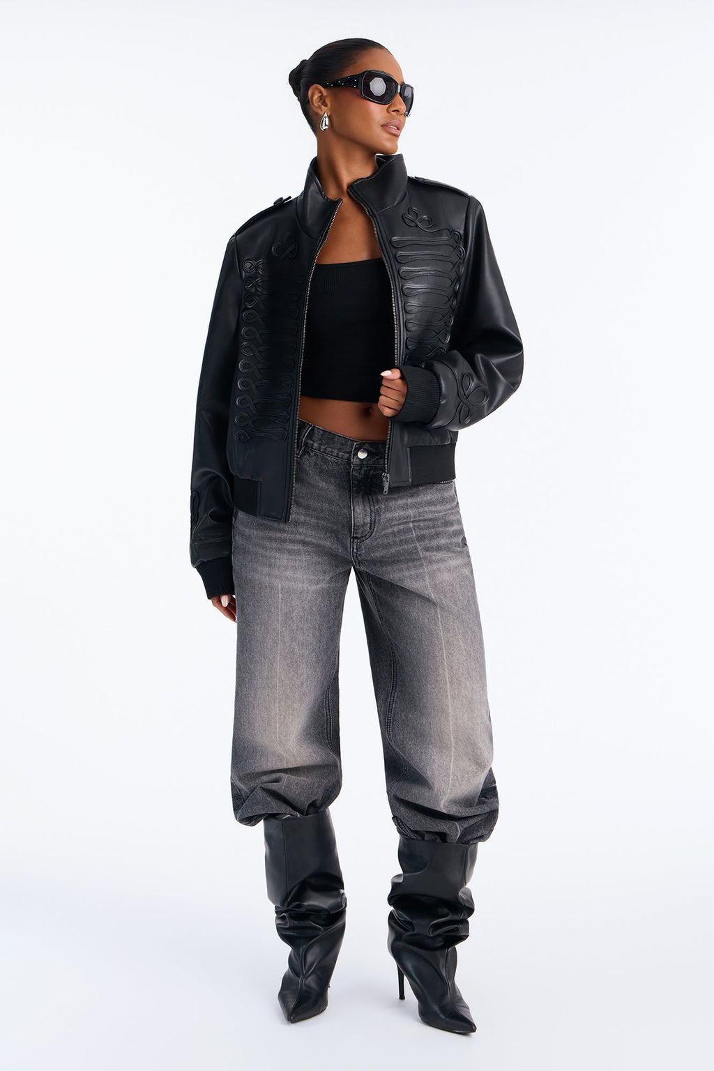 Command Your Attention Military Faux Leather Bomber Jacket - Black