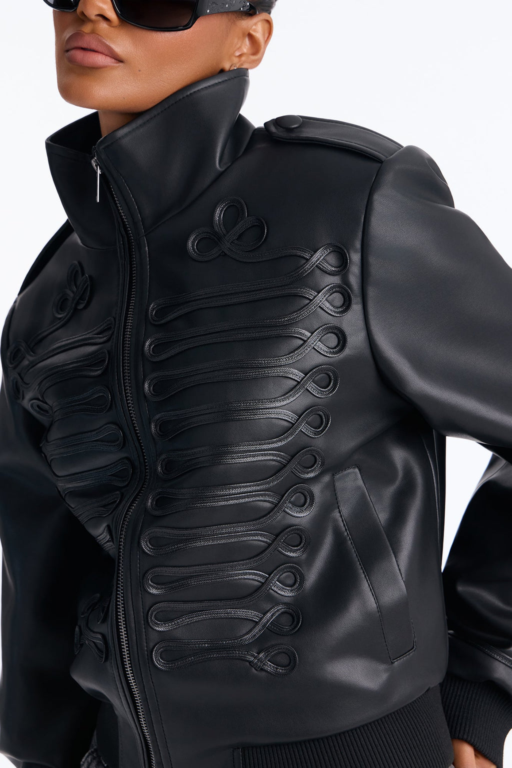 Command Your Attention Military Faux Leather Bomber Jacket - Black