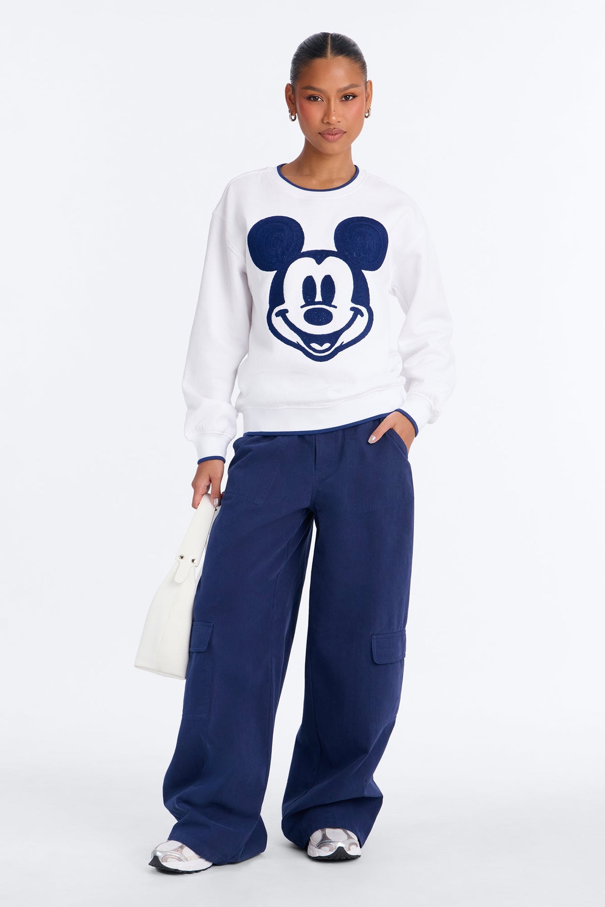 Mickey Mouse Embroidered Crew Neck Sweatshirt - White