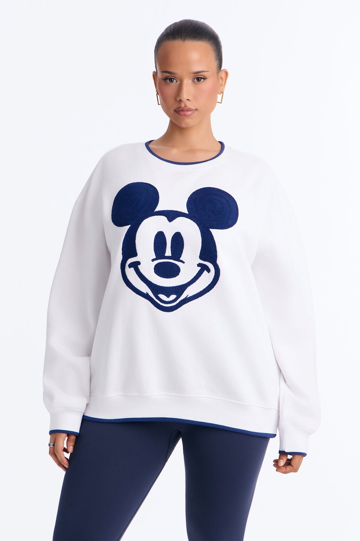 Mickey Mouse Embroidered Crew Neck Sweatshirt - White