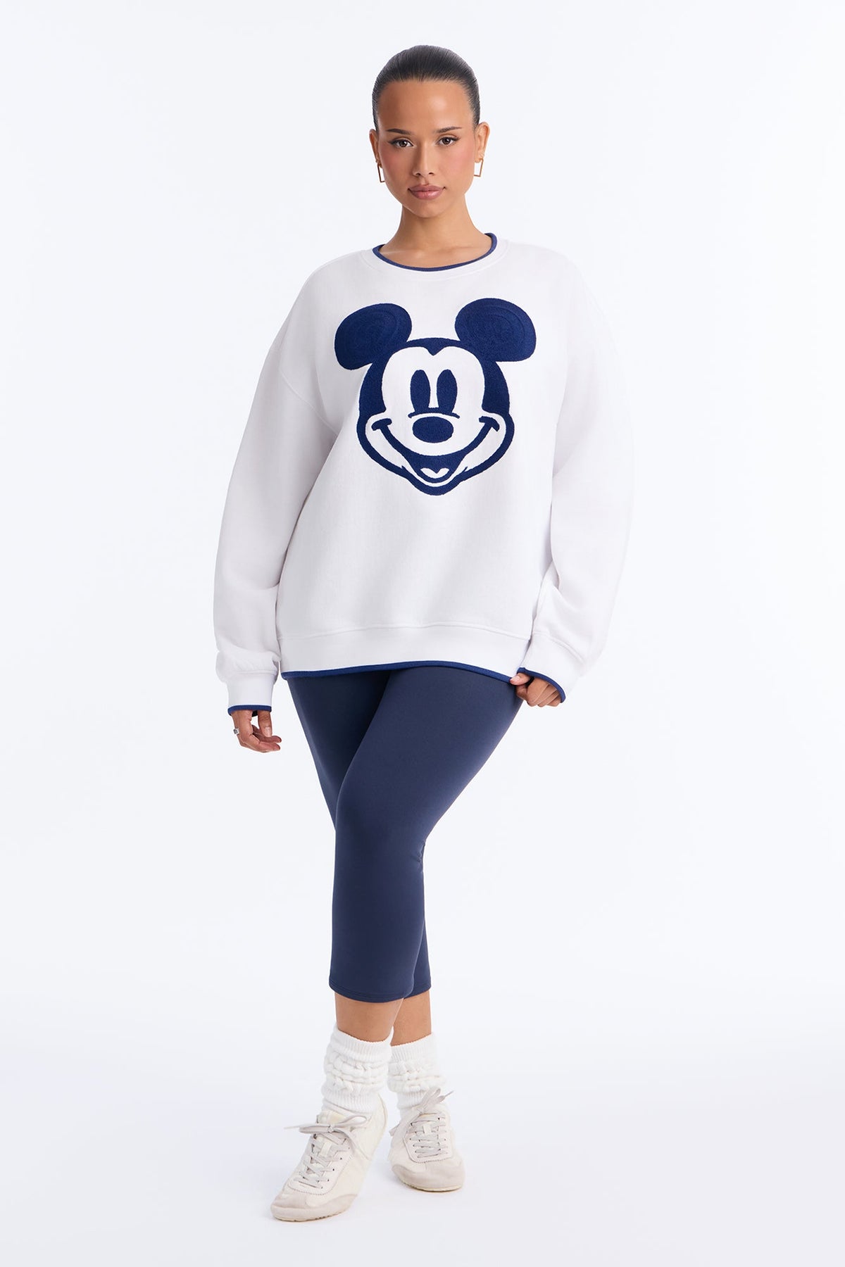 Mickey Mouse Embroidered Crew Neck Sweatshirt - White