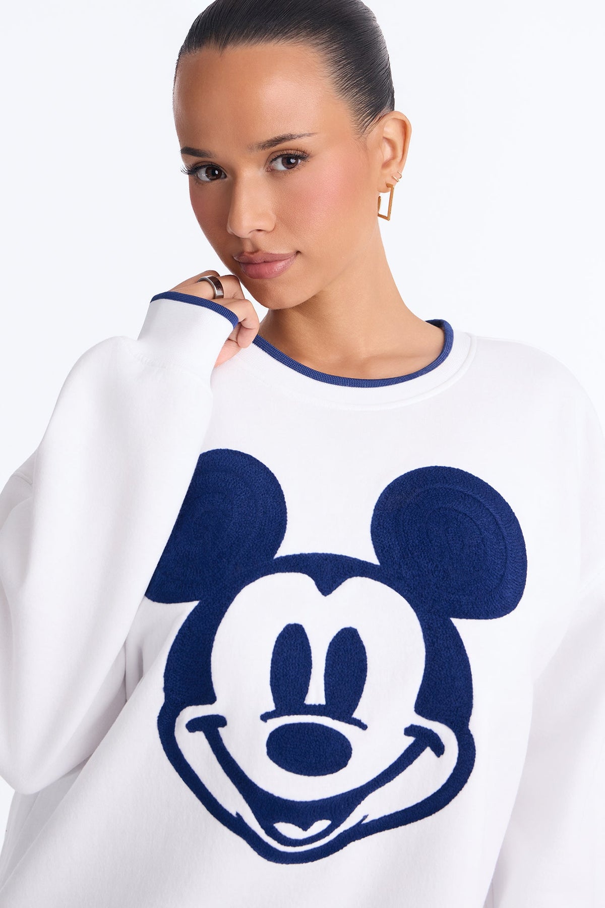 Mickey Mouse Embroidered Crew Neck Sweatshirt - White