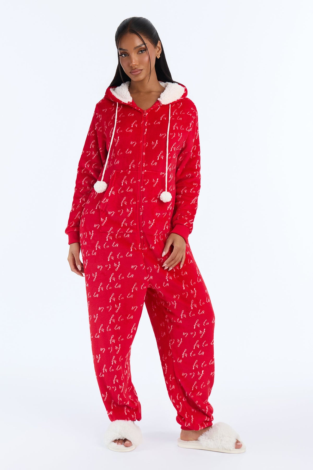 Fa La La Hooded Plush PJ Onesie - Red