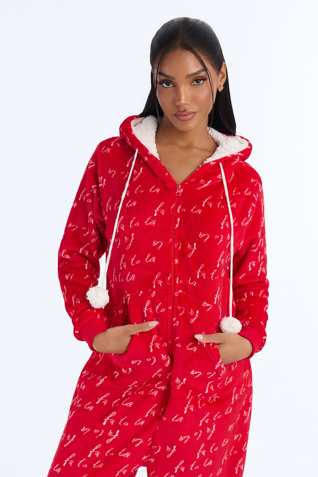 Fa La La Hooded Plush PJ Onesie - Red
