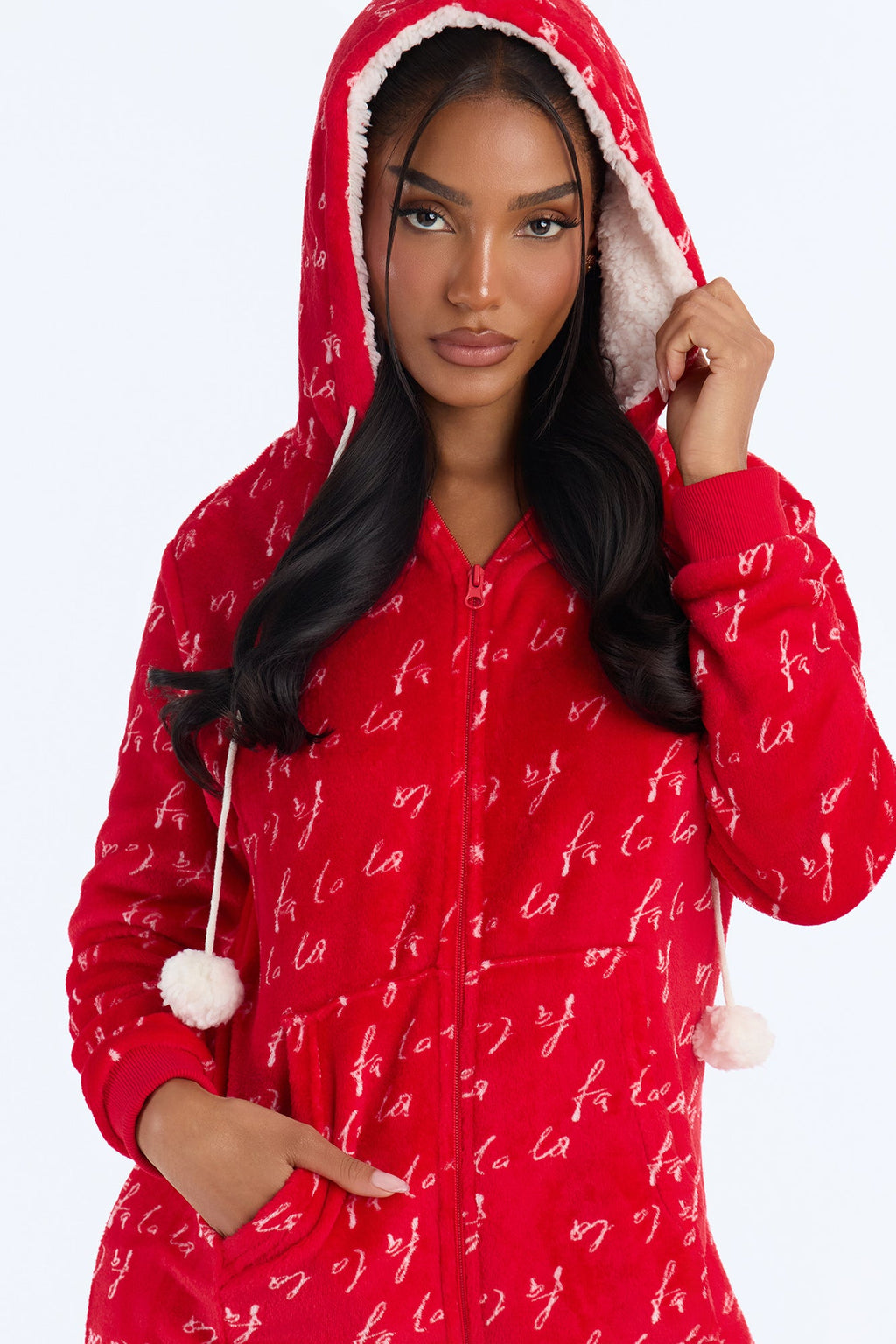 Fa La La Hooded Plush PJ Onesie - Red