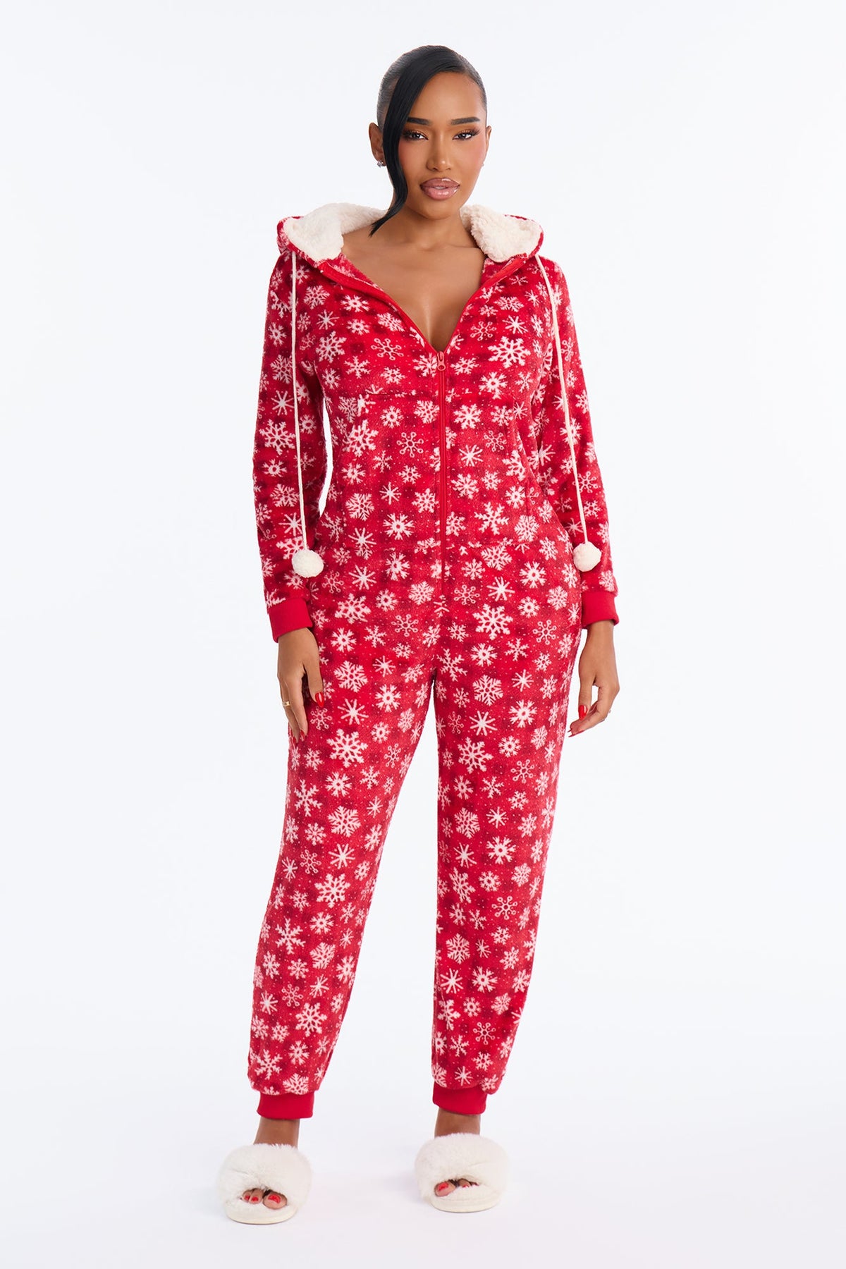 Sweet Snowy Dreams Hooded Plush PJ Onesie - Red