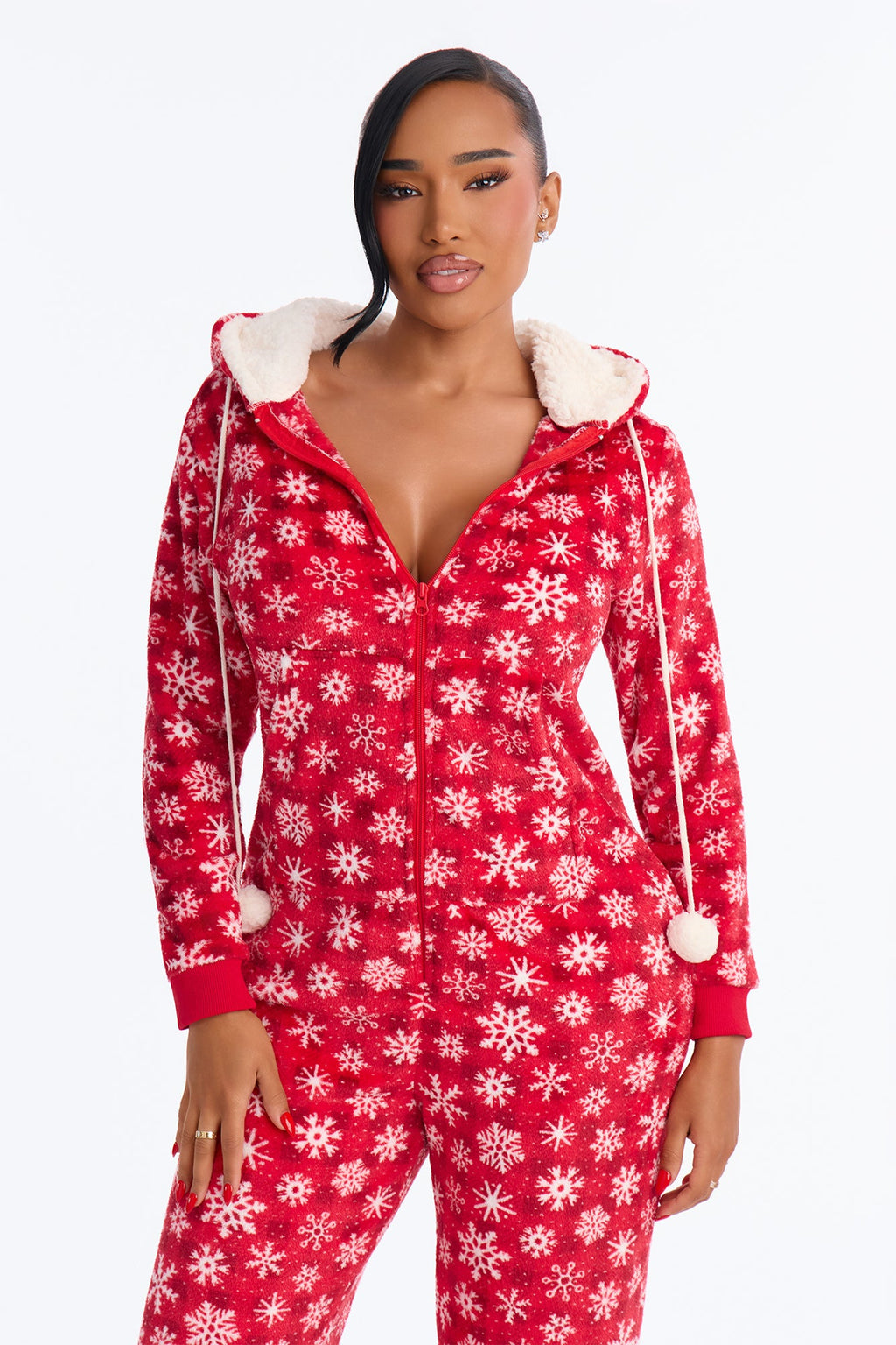 Sweet Snowy Dreams Hooded Plush PJ Onesie - Red