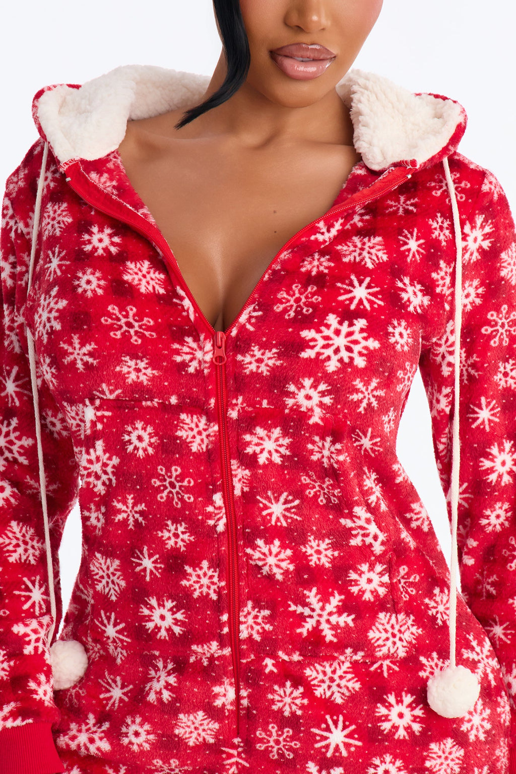 Sweet Snowy Dreams Hooded Plush PJ Onesie - Red