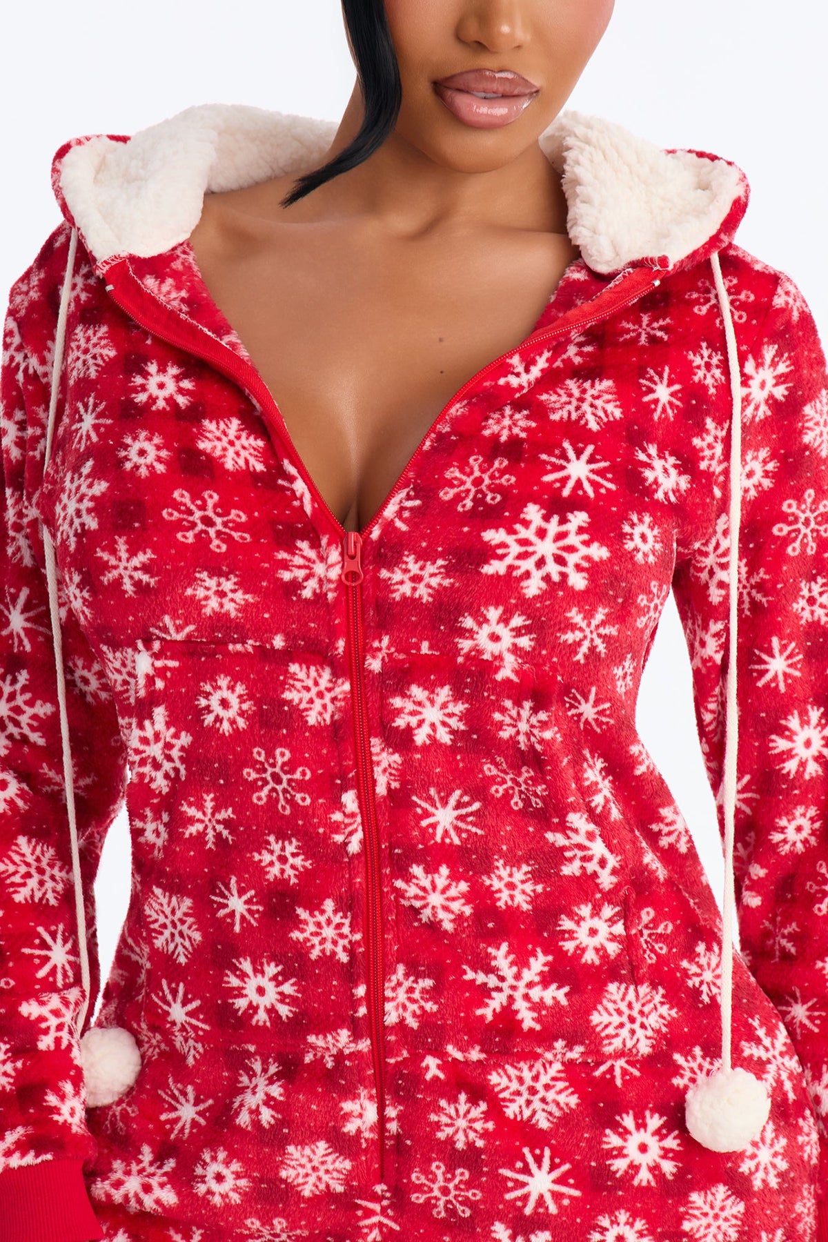 Sweet Snowy Dreams Hooded Plush PJ Onesie - Red