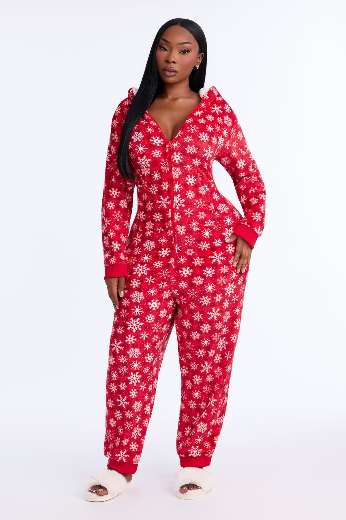 Sweet Snowy Dreams Hooded Plush PJ Onesie - Red