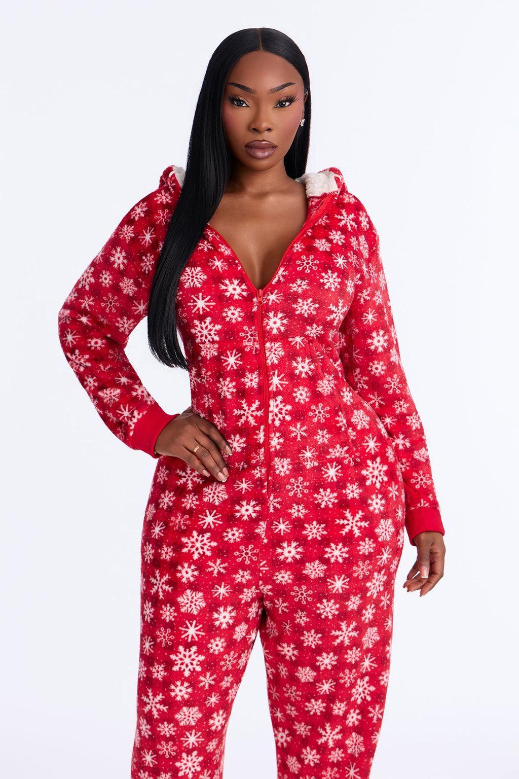 Sweet Snowy Dreams Hooded Plush PJ Onesie - Red