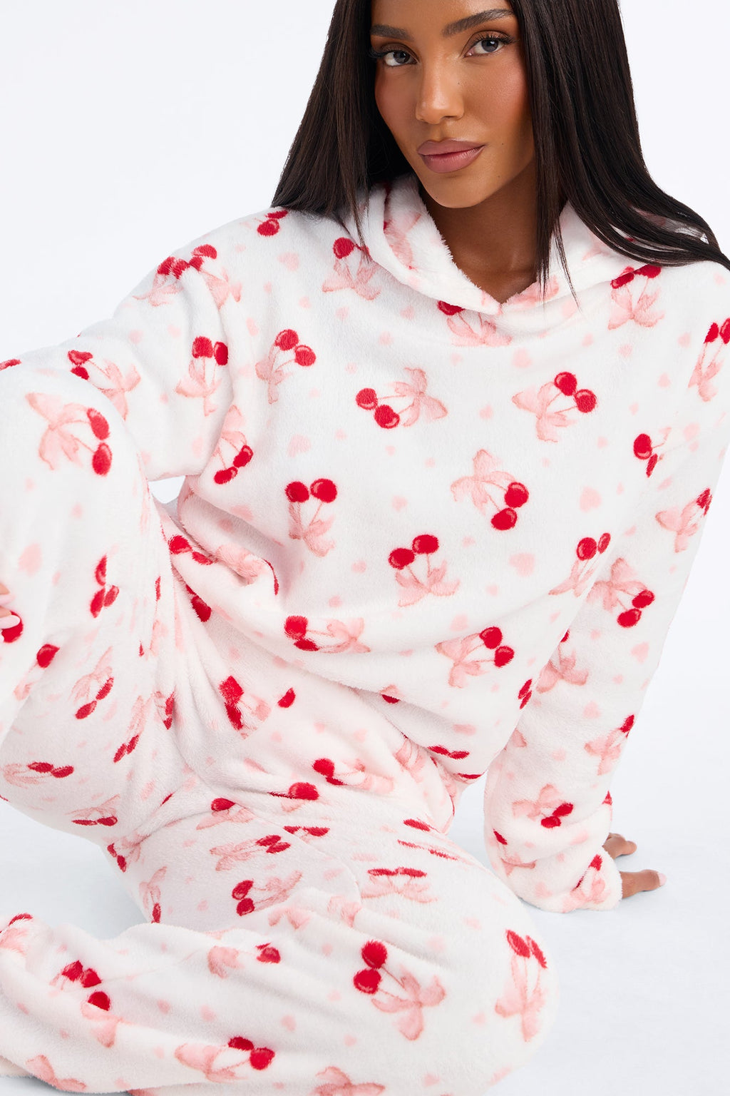 Cherry Sleepy Plush PJ Jogger Pant Set - White