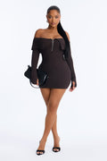 Coffee Date Off Shoulder Sweater Mini Dress - Chocolate