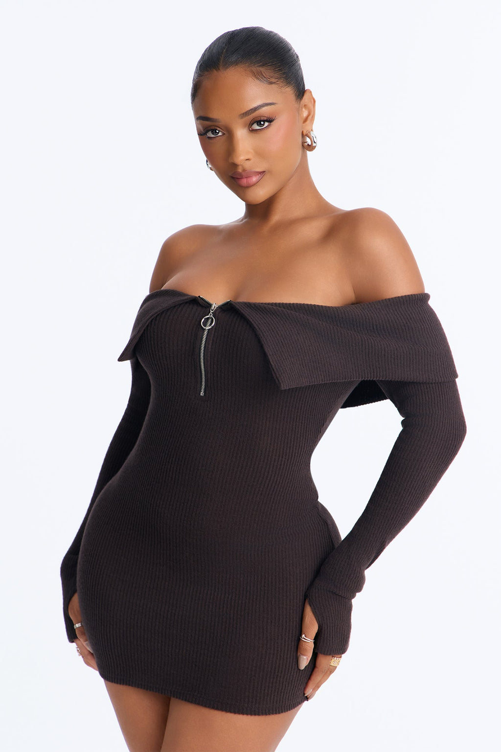 Coffee Date Off Shoulder Sweater Mini Dress - Chocolate