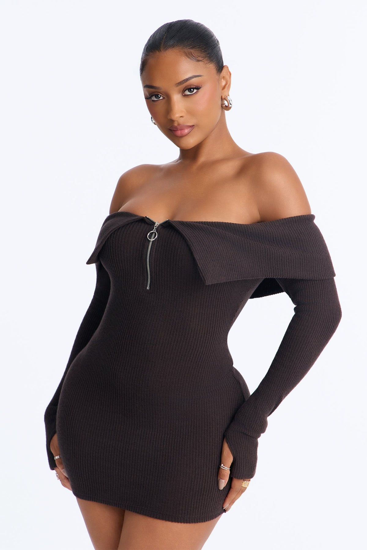 Coffee Date Off Shoulder Sweater Mini Dress - Chocolate