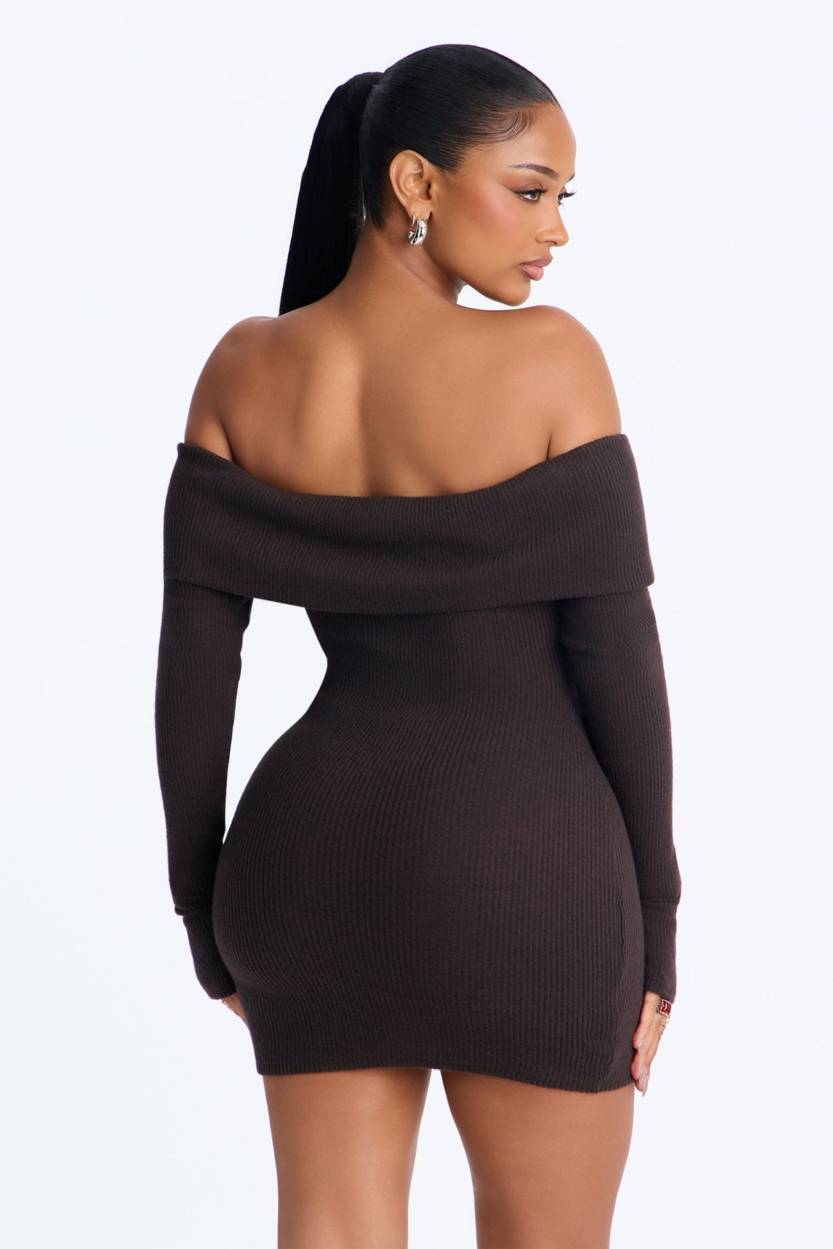 Coffee Date Off Shoulder Sweater Mini Dress - Chocolate