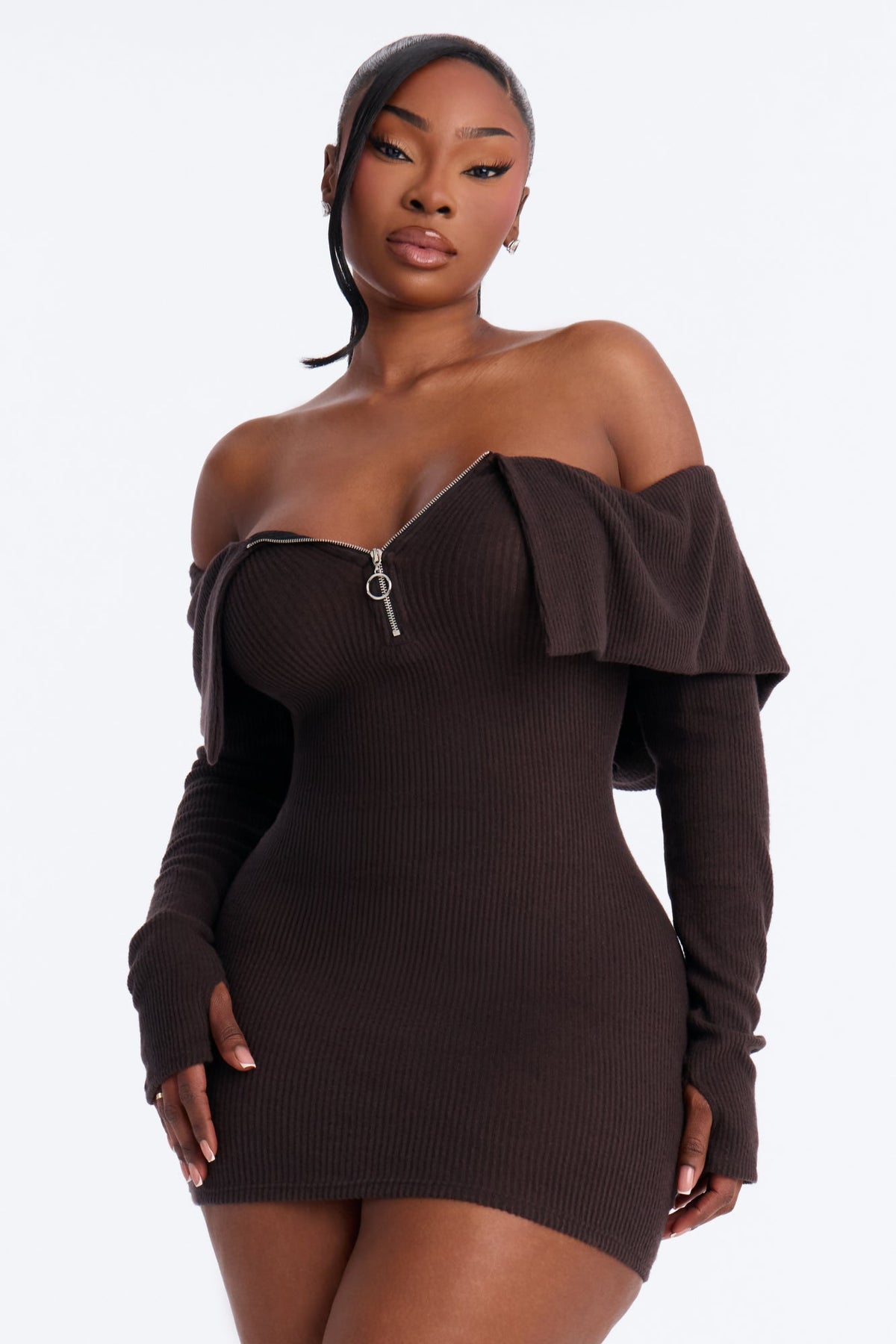 Coffee Date Off Shoulder Sweater Mini Dress - Chocolate