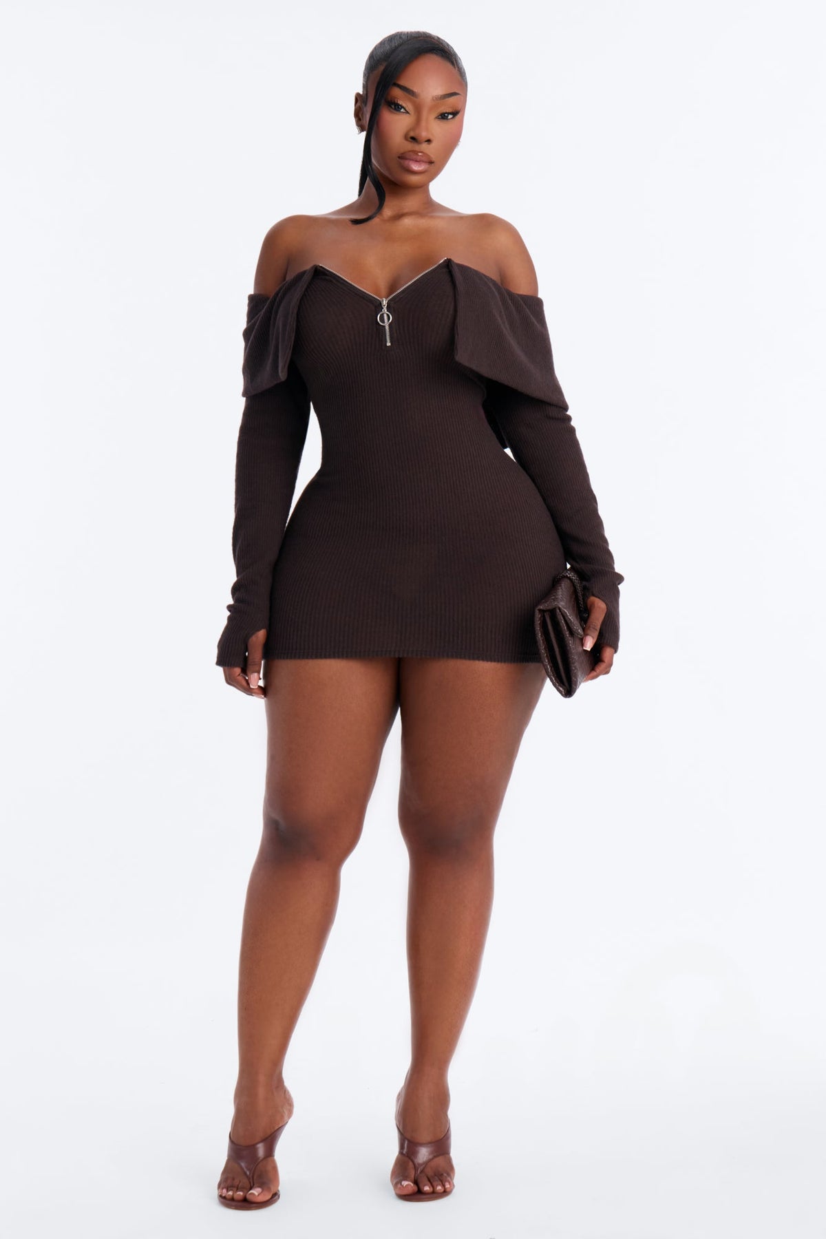 Coffee Date Off Shoulder Sweater Mini Dress - Chocolate