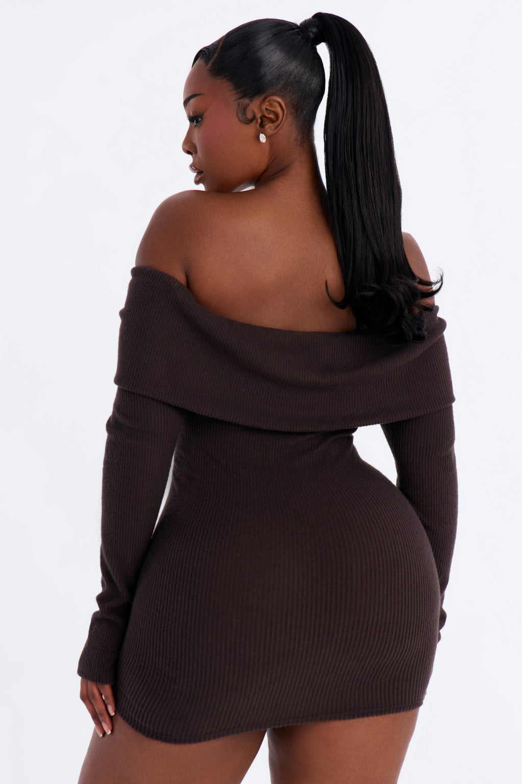 Coffee Date Off Shoulder Sweater Mini Dress - Chocolate
