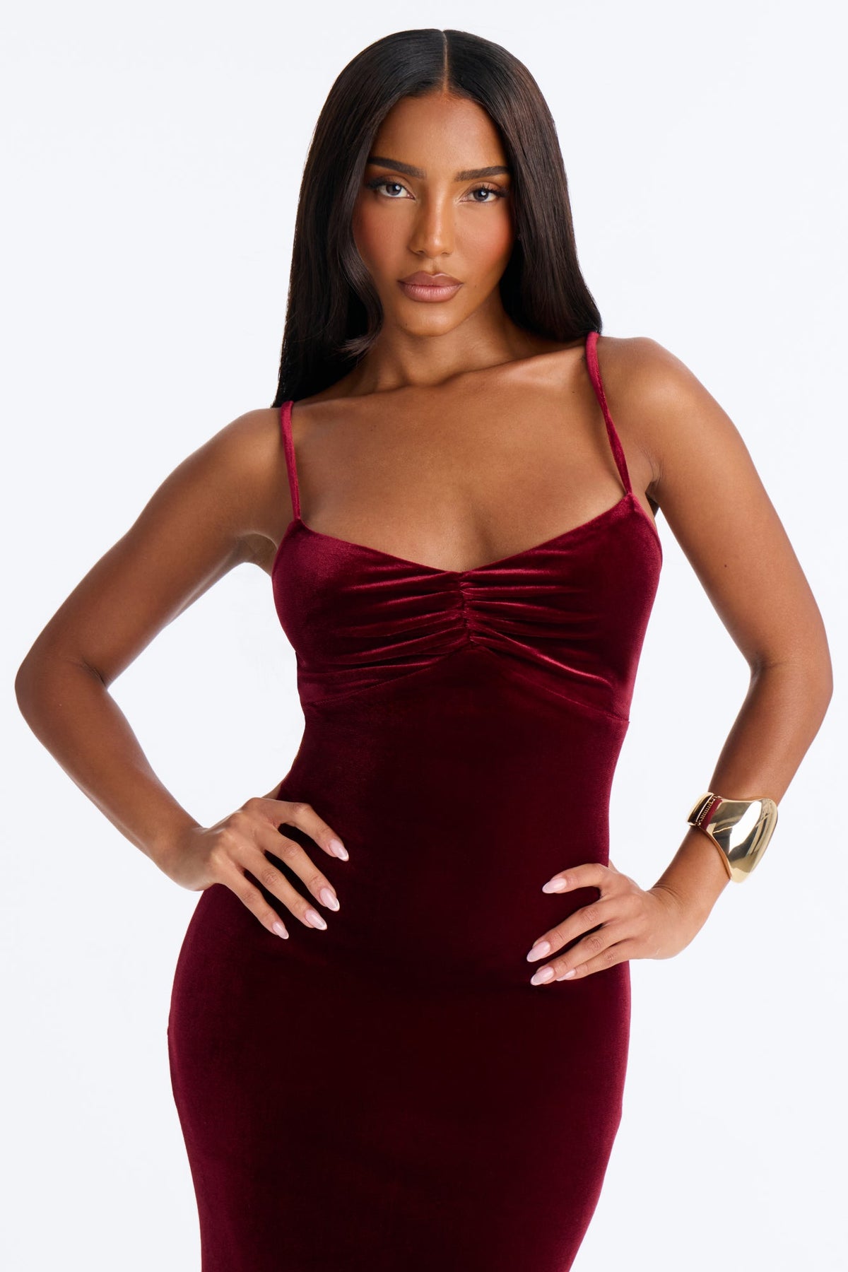 Arrive At Nine Velvet Maxi Dress - Burgundy