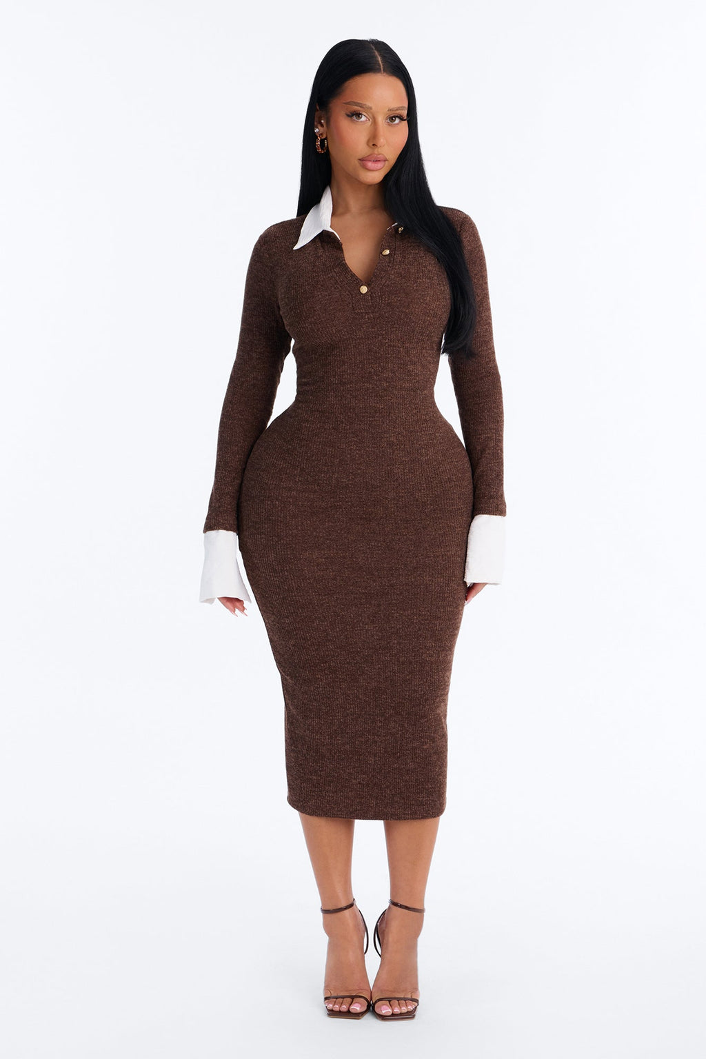 Office Beauty Of The Week Collar Midi Dress - Brown
