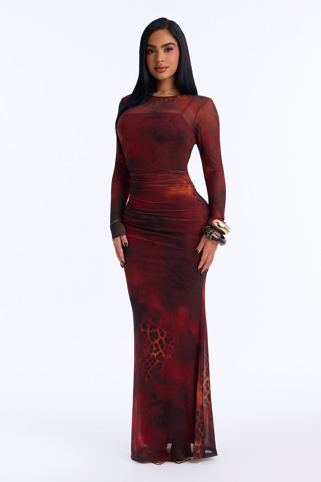 Never Tame Mesh Long Sleeve Maxi Dress - Brown/combo