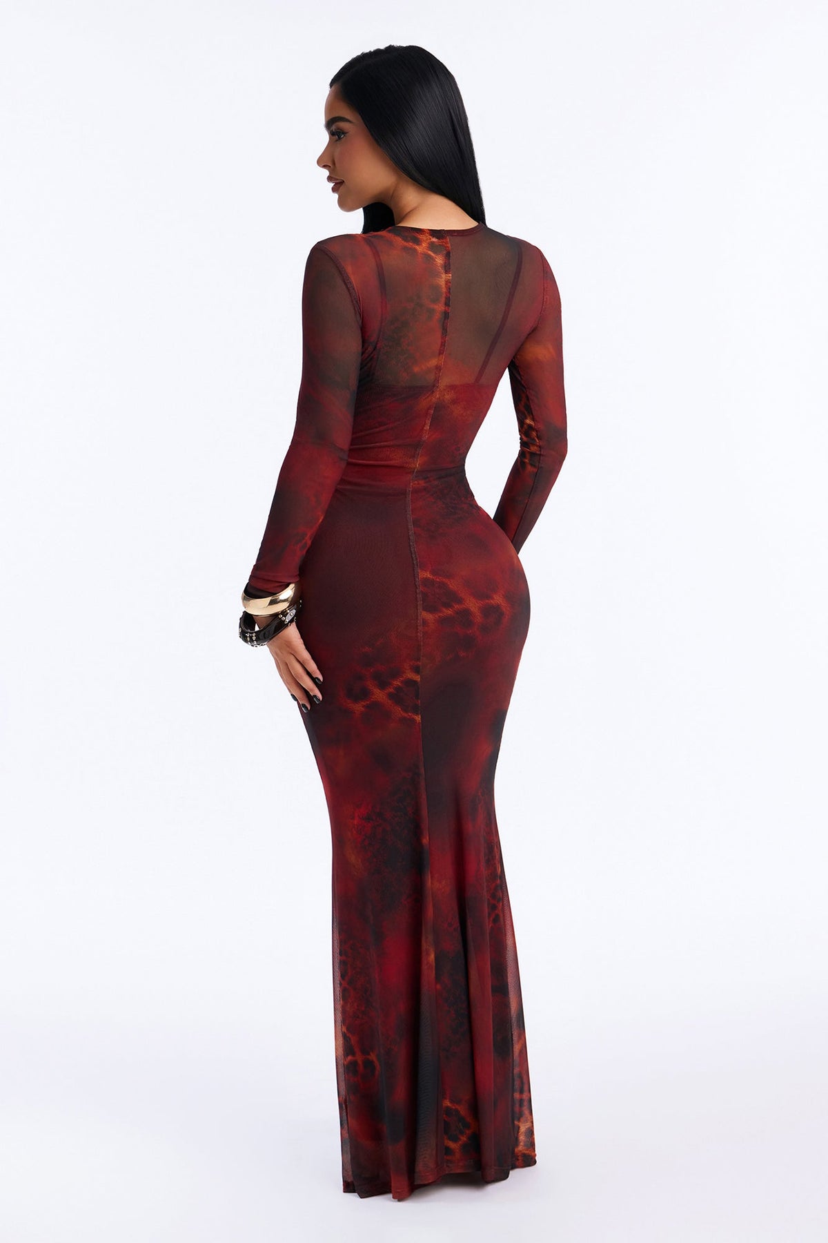 Never Tame Mesh Long Sleeve Maxi Dress - Brown/combo