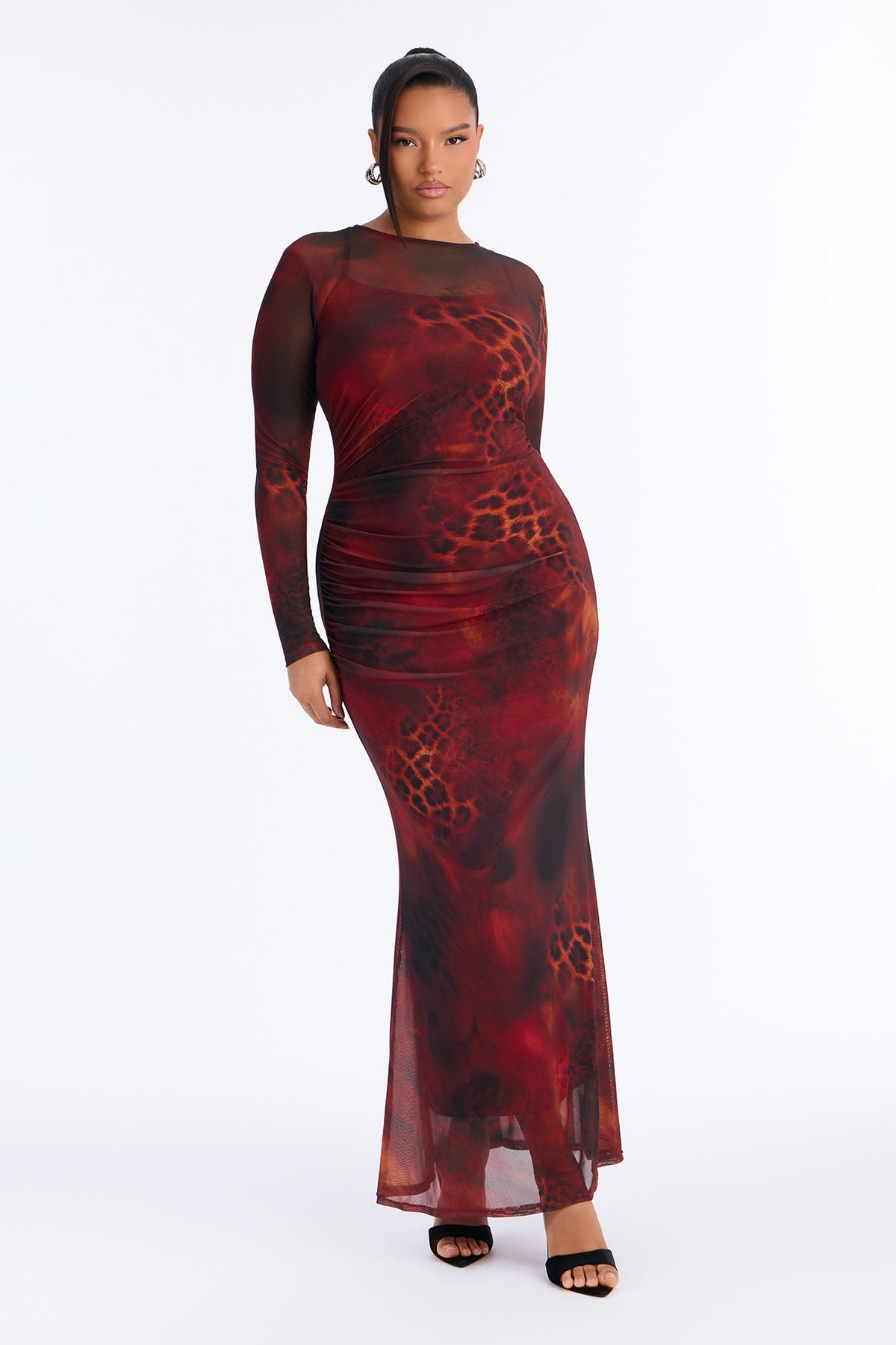Never Tame Mesh Long Sleeve Maxi Dress - Brown/combo