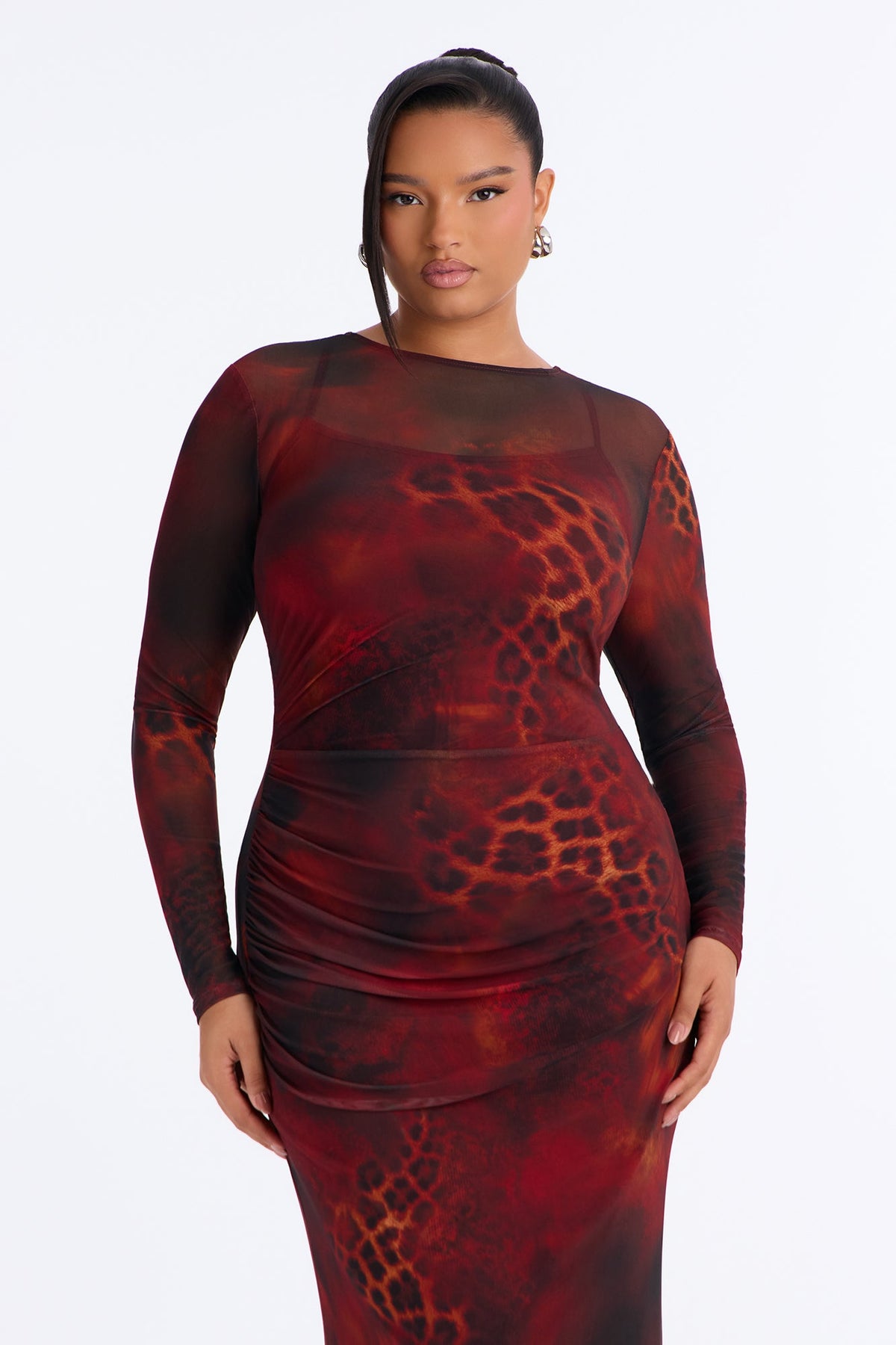 Never Tame Mesh Long Sleeve Maxi Dress - Brown/combo
