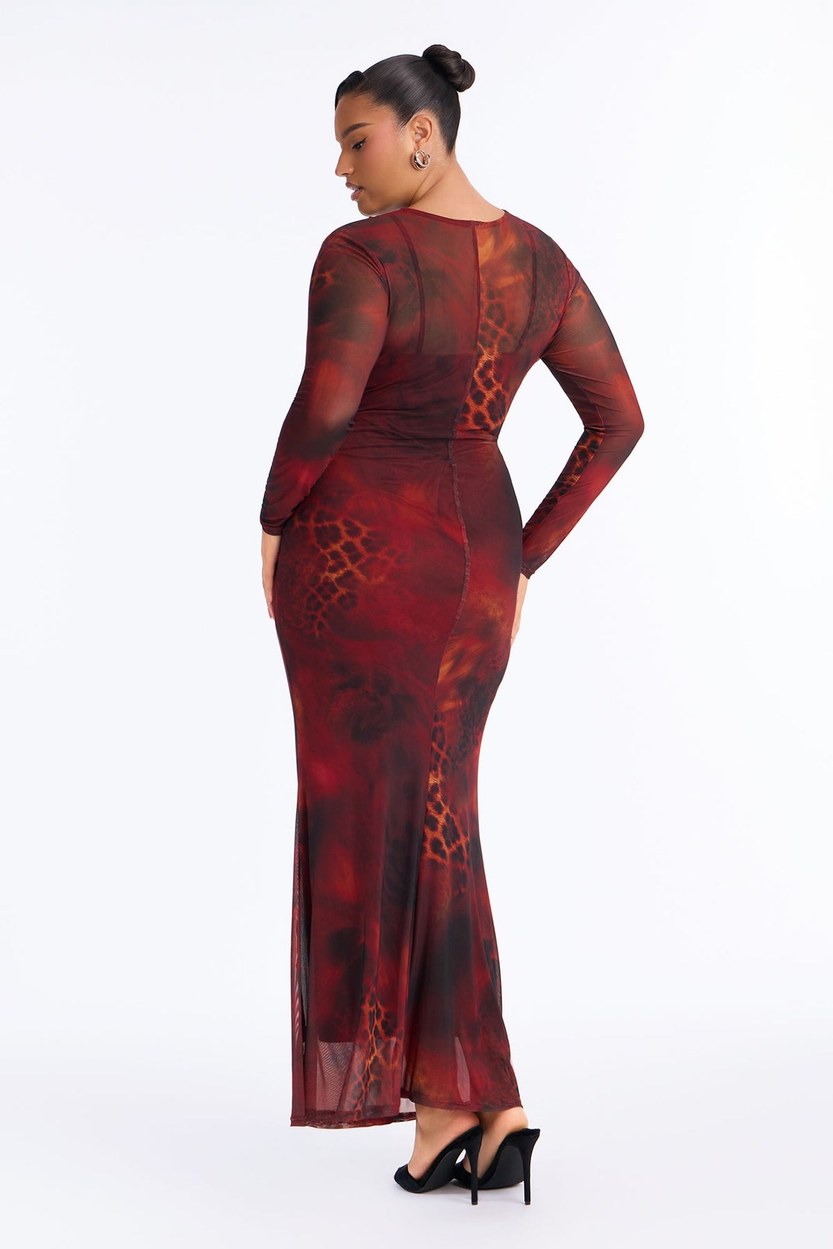 Never Tame Mesh Long Sleeve Maxi Dress - Brown/combo