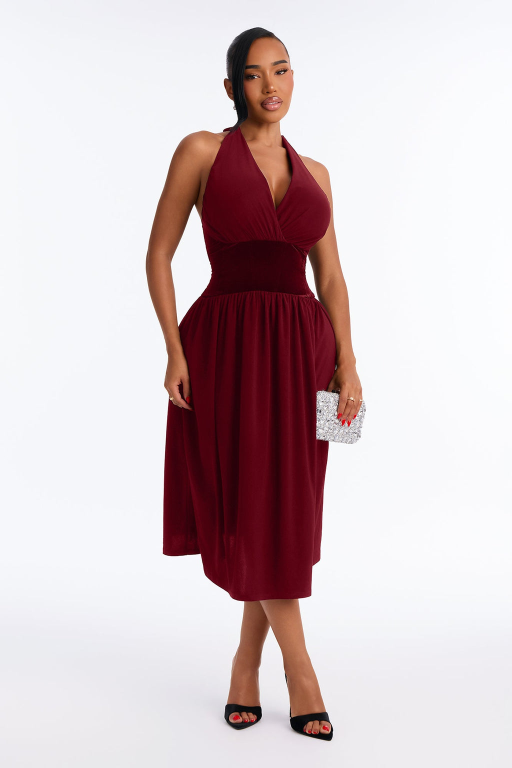 Stasi Velvet Corset Halter Midi Dress - Wine