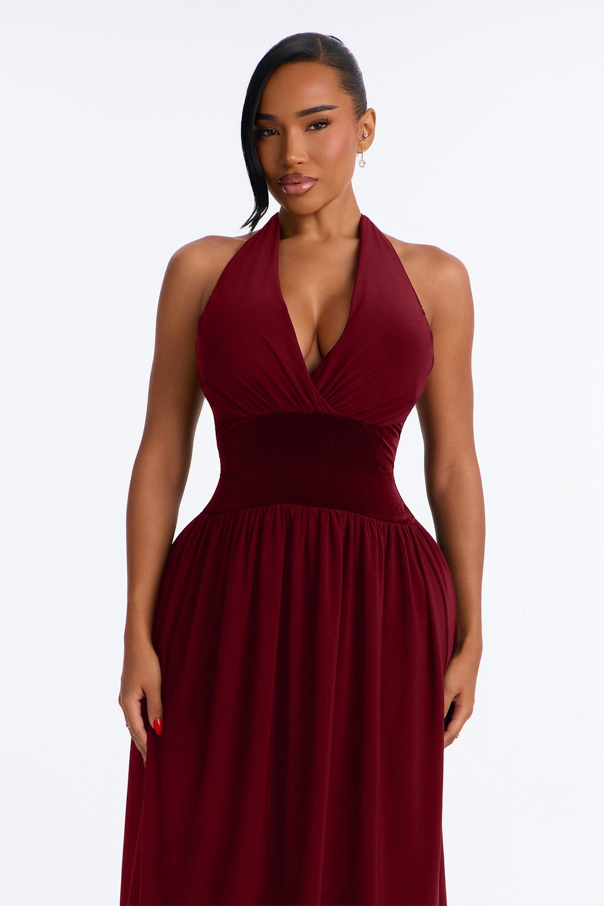Stasi Velvet Corset Halter Midi Dress - Wine