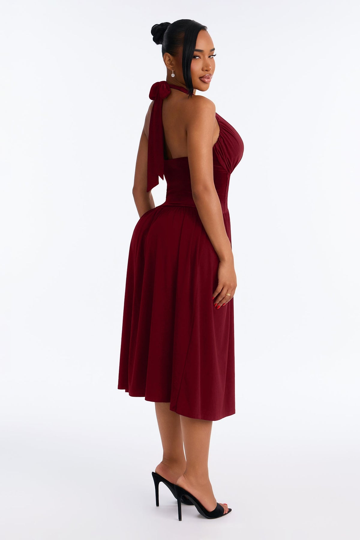 Stasi Velvet Corset Halter Midi Dress - Wine