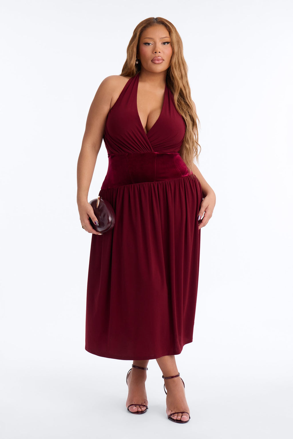 Stasi Velvet Corset Halter Midi Dress - Wine