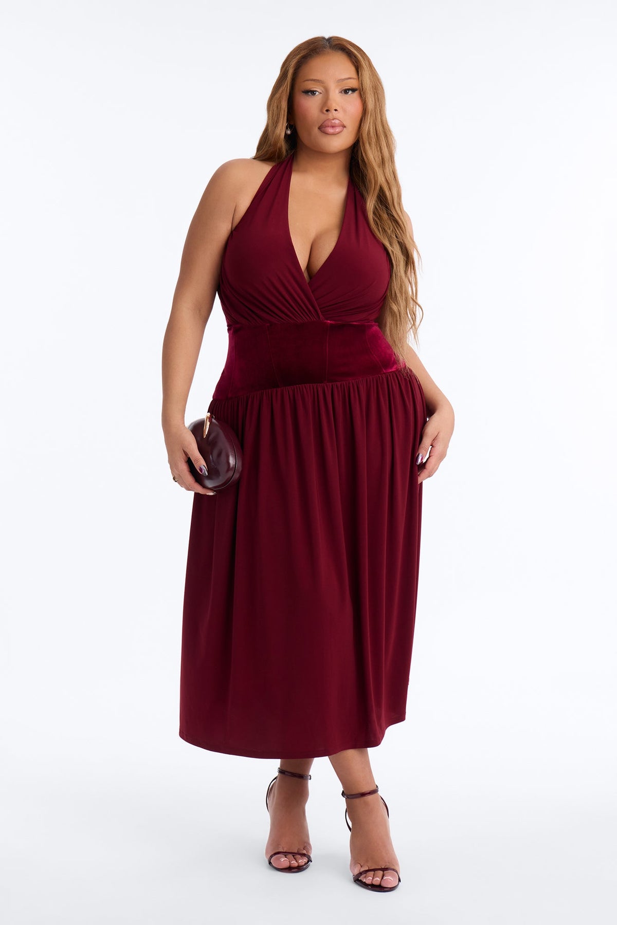 Stasi Velvet Corset Halter Midi Dress - Wine