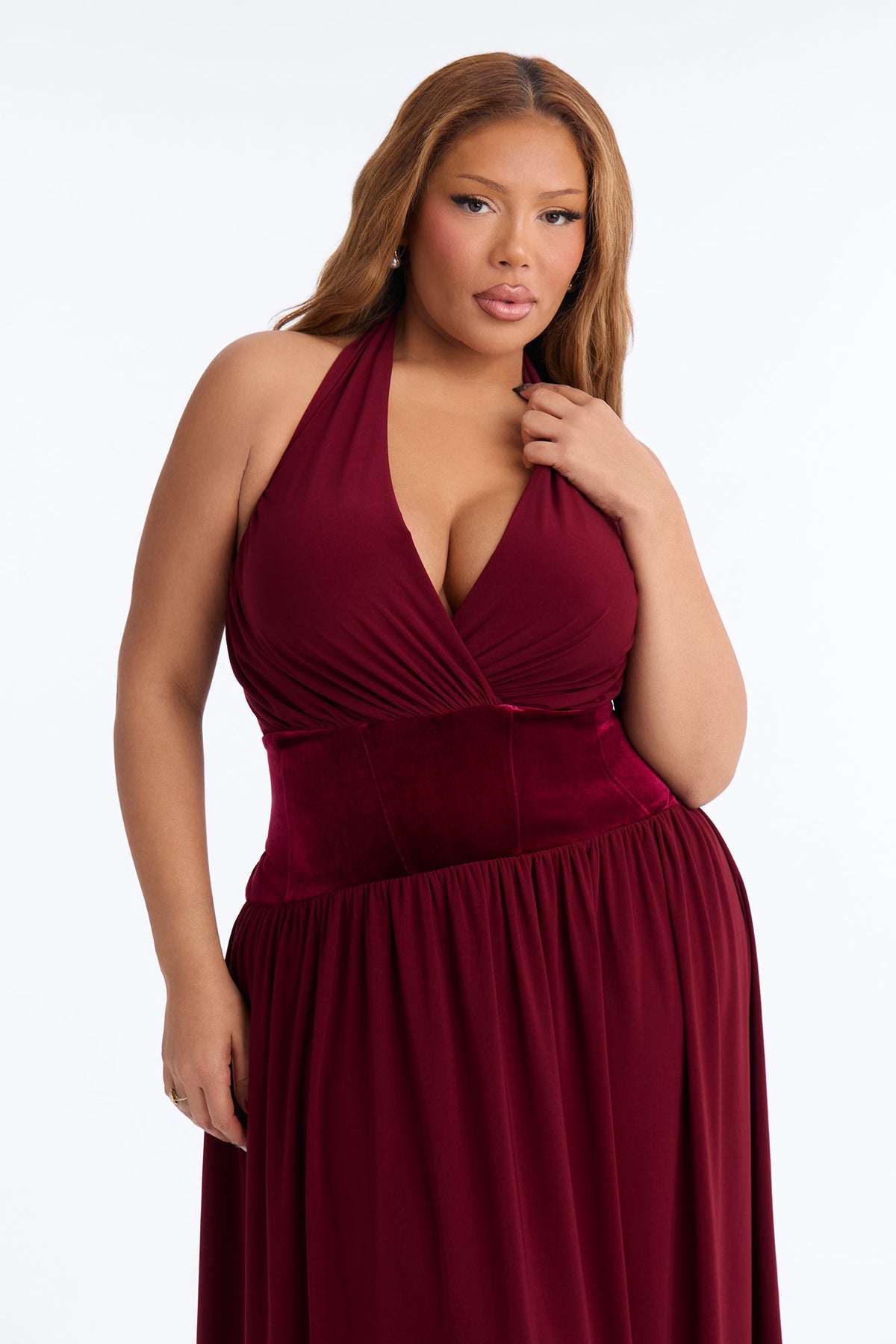 Stasi Velvet Corset Halter Midi Dress - Wine