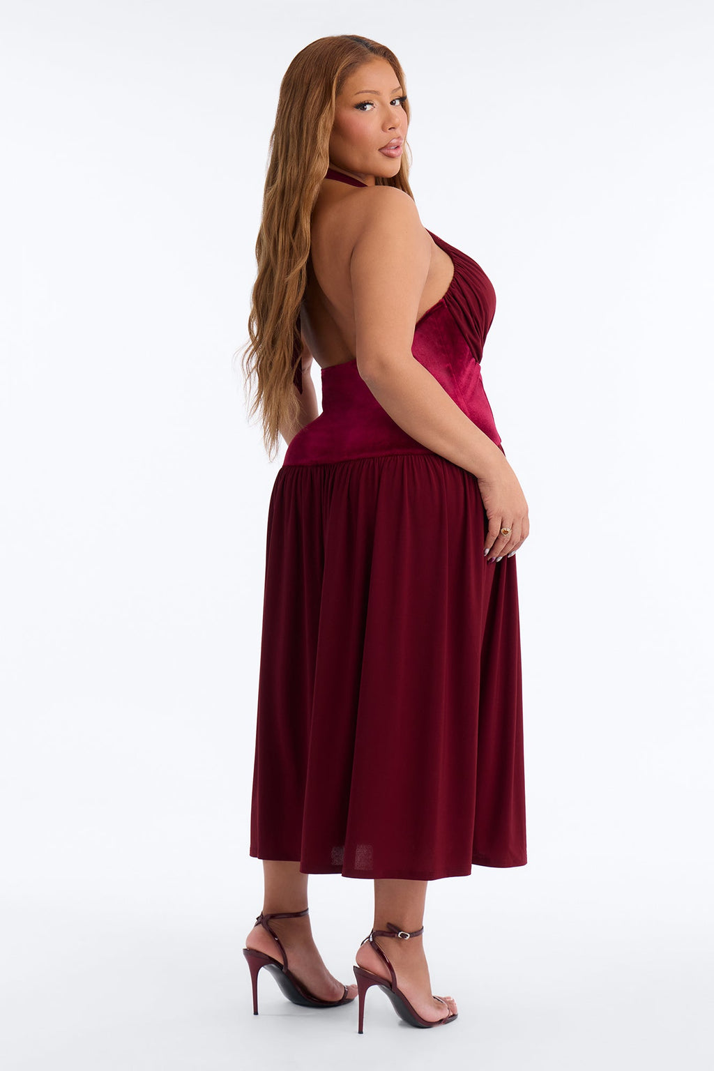 Stasi Velvet Corset Halter Midi Dress - Wine