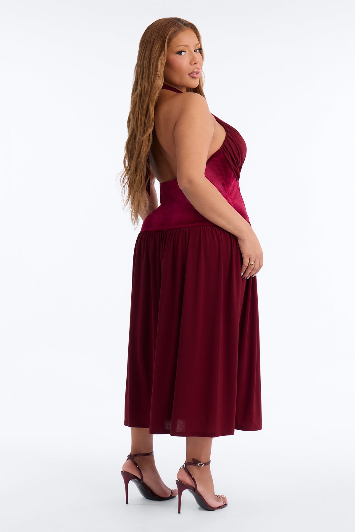 Stasi Velvet Corset Halter Midi Dress - Wine