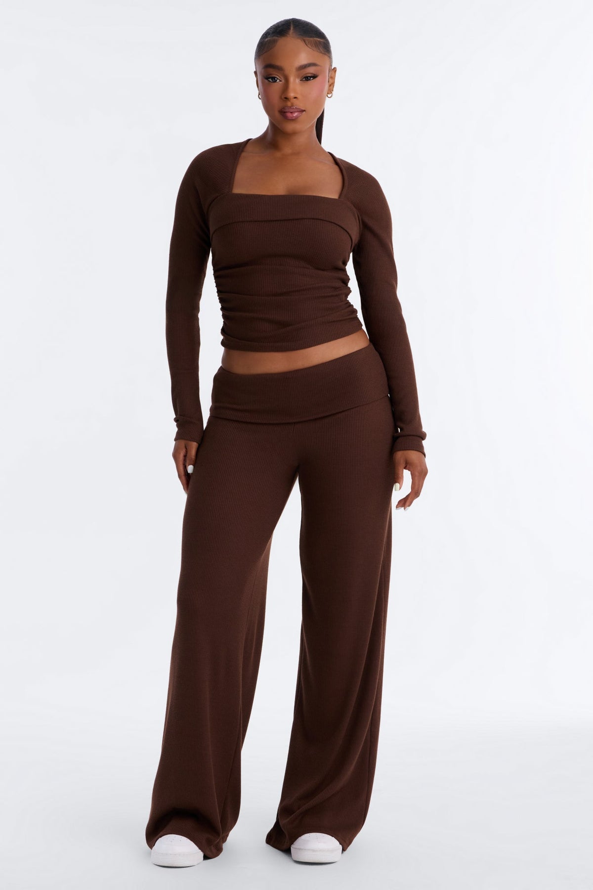 Enya Wide Leg Waffle Pant Set - Chocolate