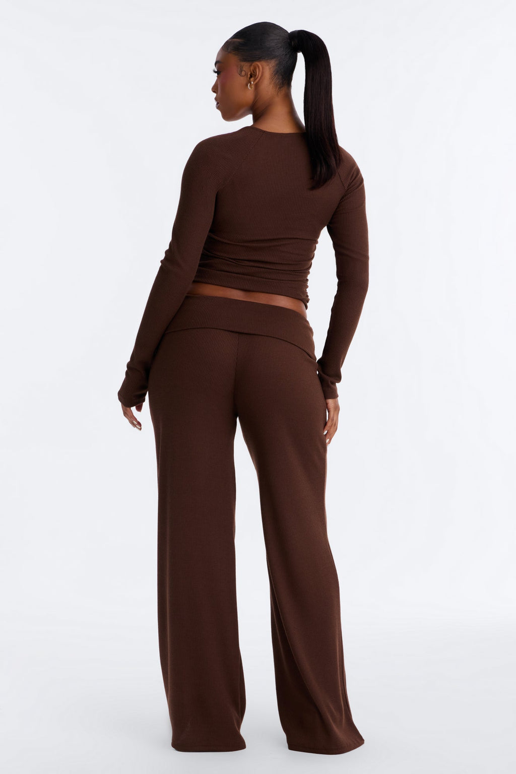 Enya Wide Leg Waffle Pant Set - Chocolate