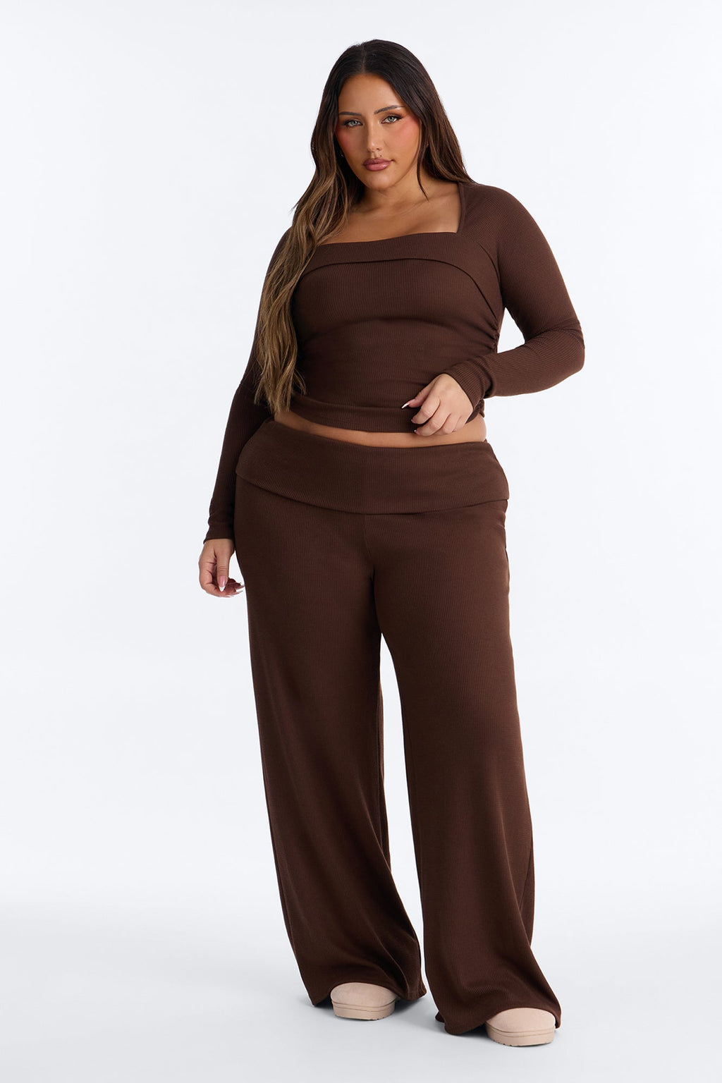 Enya Wide Leg Waffle Pant Set - Chocolate