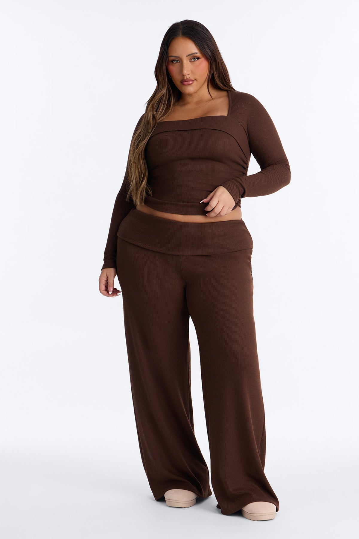 Enya Wide Leg Waffle Pant Set - Chocolate