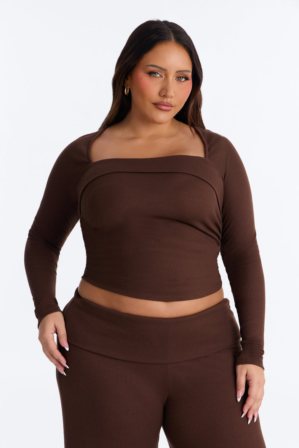 Enya Wide Leg Waffle Pant Set - Chocolate