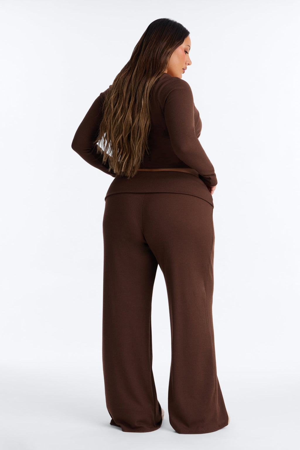 Enya Wide Leg Waffle Pant Set - Chocolate
