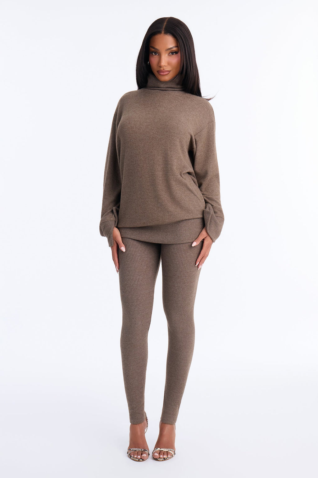 Ella Mock Neck Hacci Pant Set - Brown