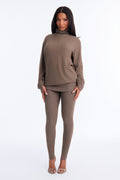 Ella Mock Neck Hacci Pant Set - Brown