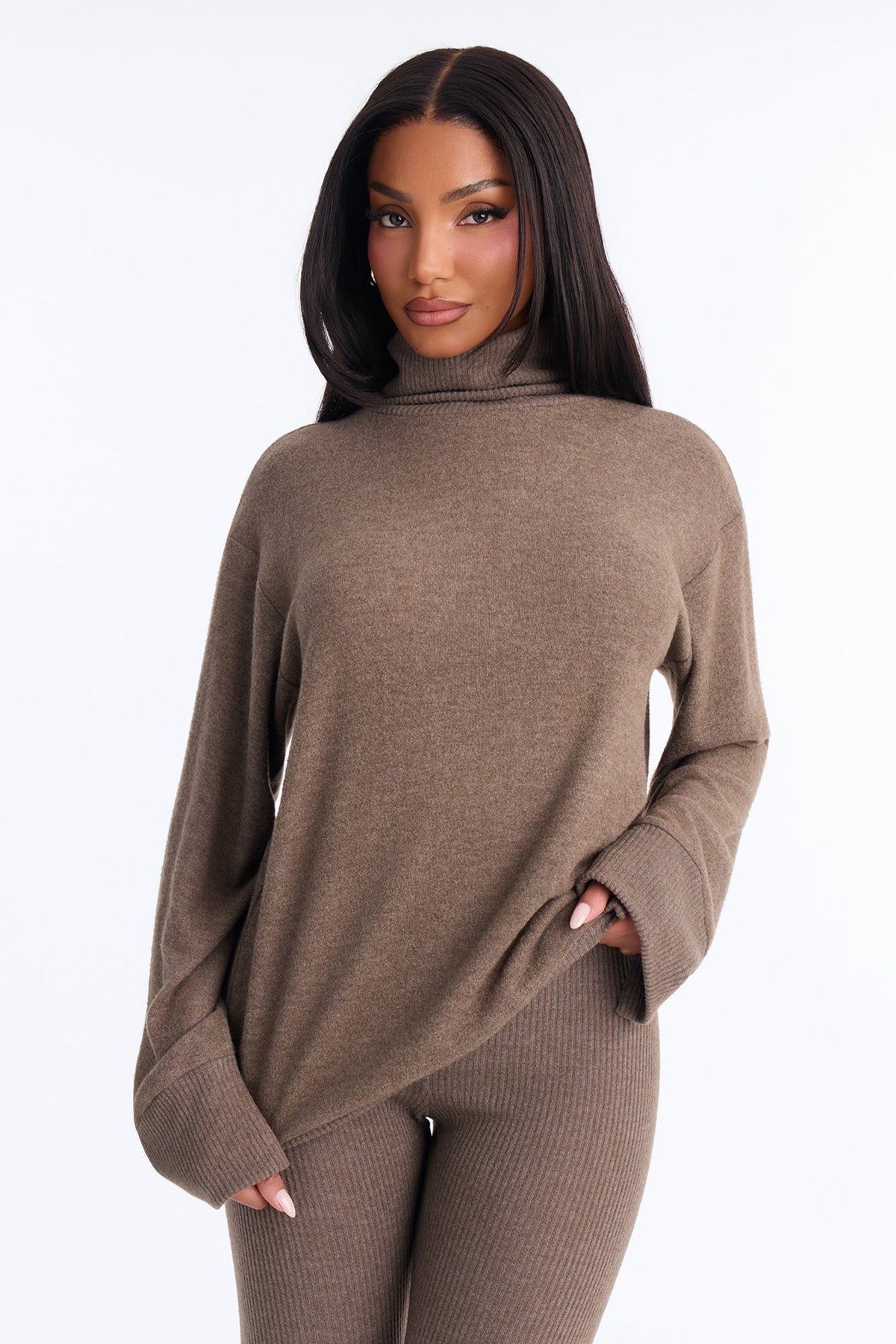 Ella Mock Neck Hacci Pant Set - Brown