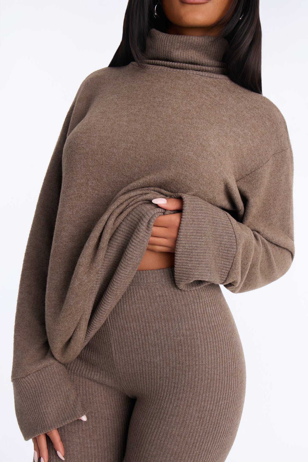 Ella Mock Neck Hacci Pant Set - Brown