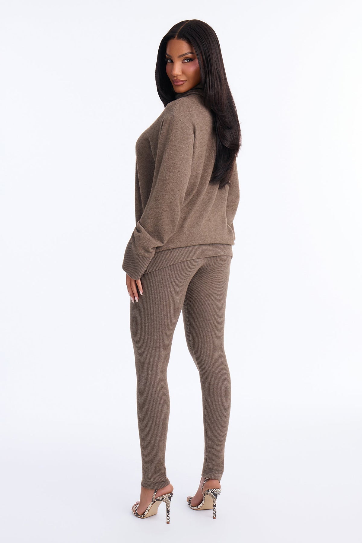 Ella Mock Neck Hacci Pant Set - Brown