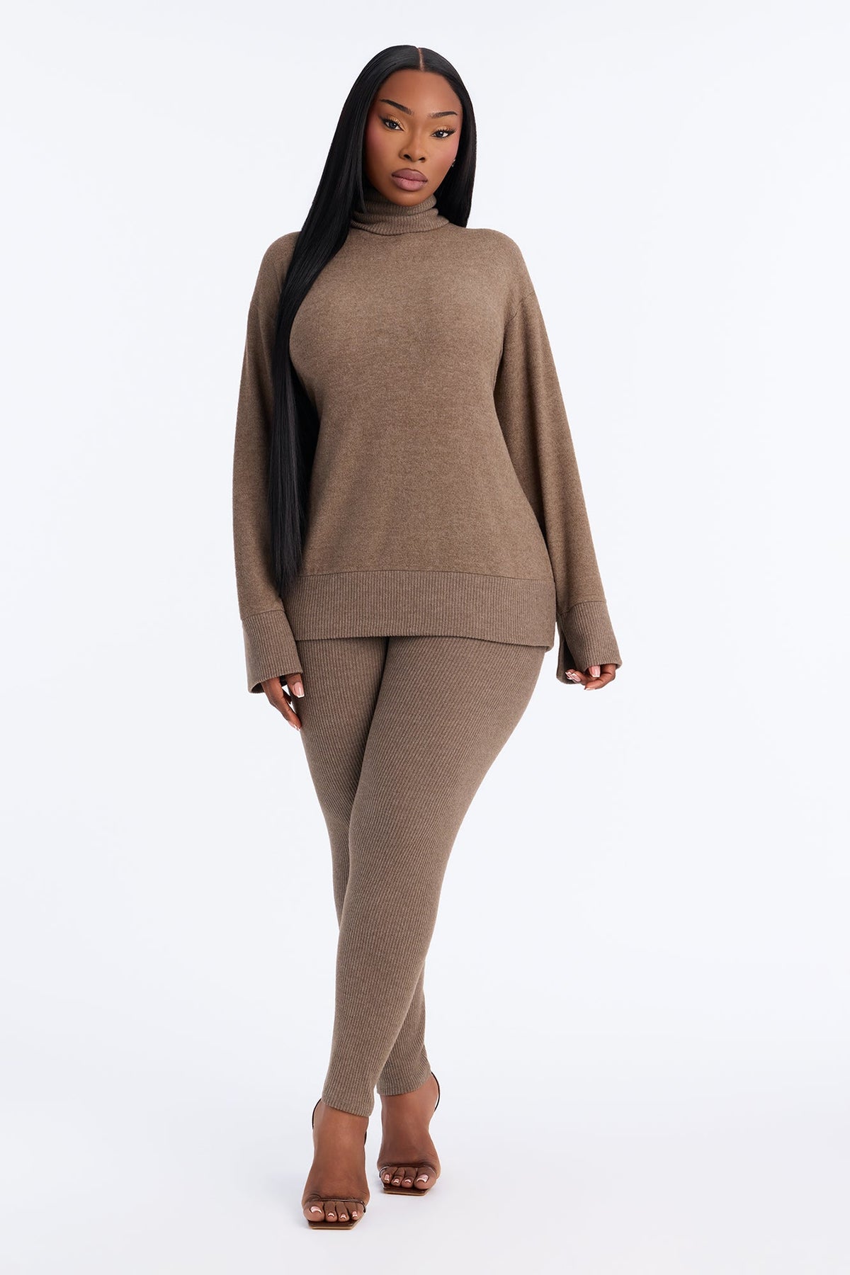 Ella Mock Neck Hacci Pant Set - Brown